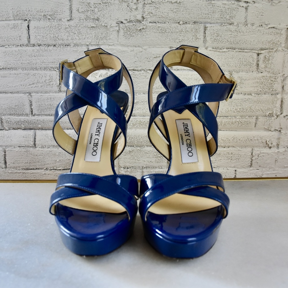 Jimmy Choo Strappy Patent Blue Platform Heels
